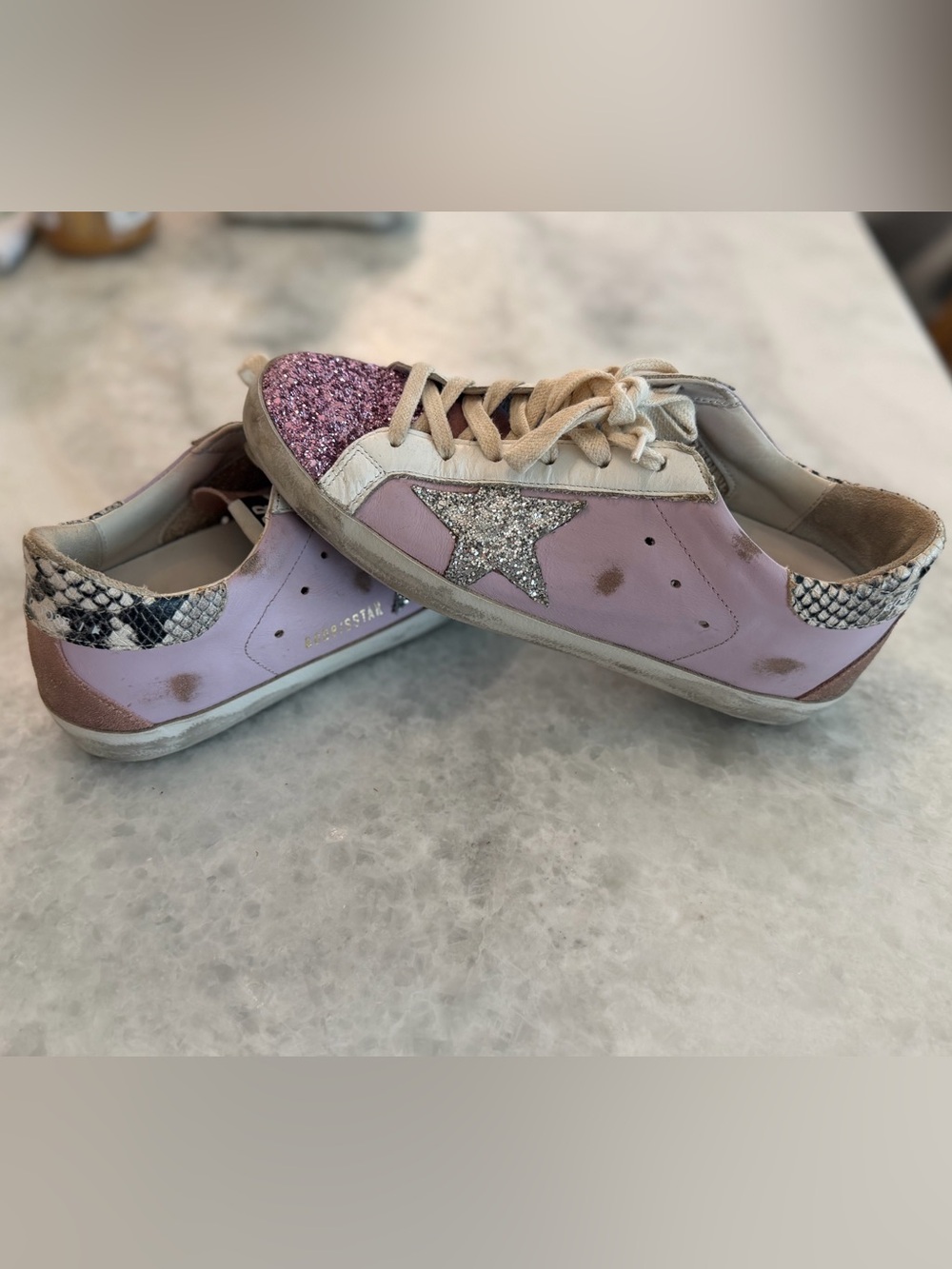 GOLDEN GOOSE Purple Glittery Sneaker with Snakeskin